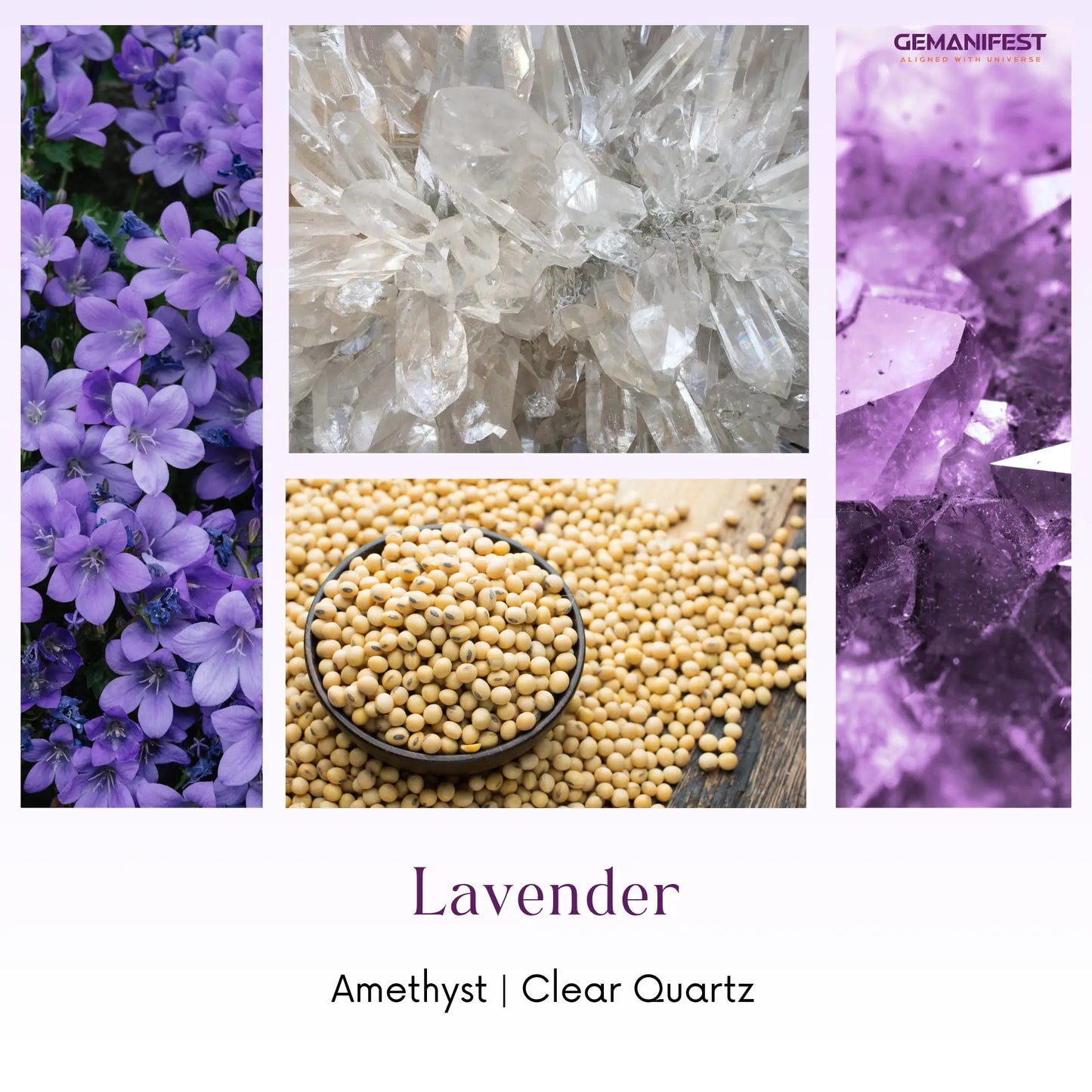 Collage of lavender flowers, clear quartz crystals, and amethyst stones with 'GEMANIFEST' branding.