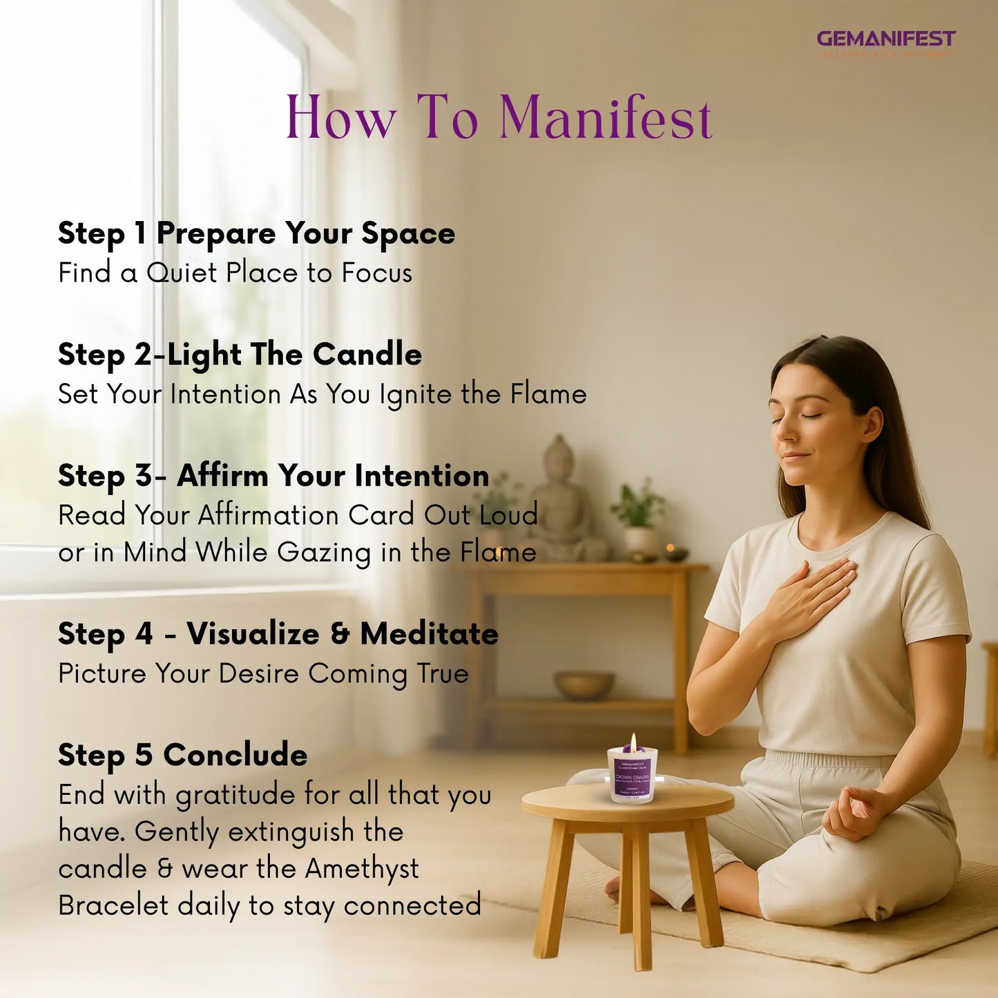 Woman meditating with a Crown Chakra candle and affirmation card in a peaceful room, featuring text on how to manifest.