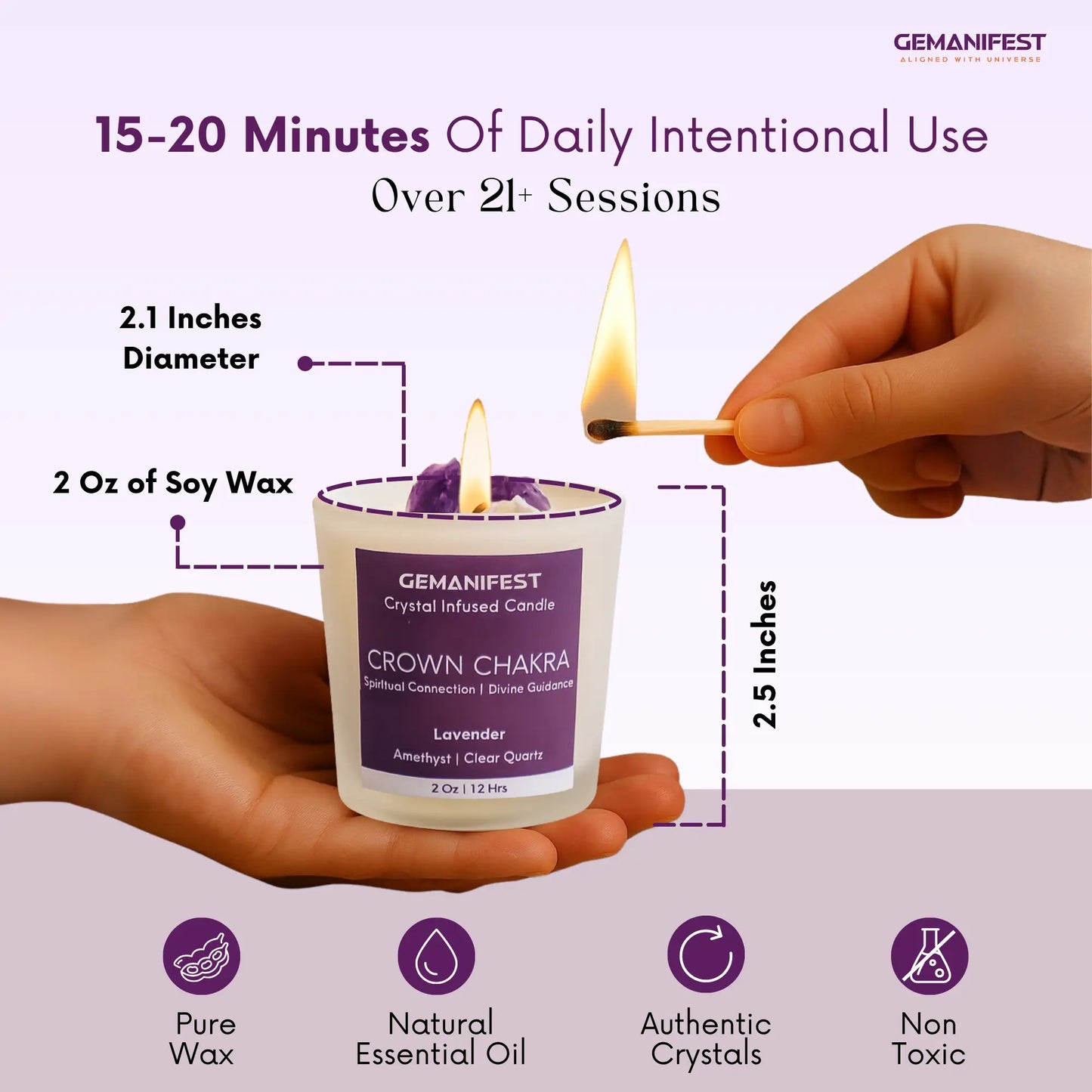 Gemanifest Crown Chakra candle being lit with product details on a purple background