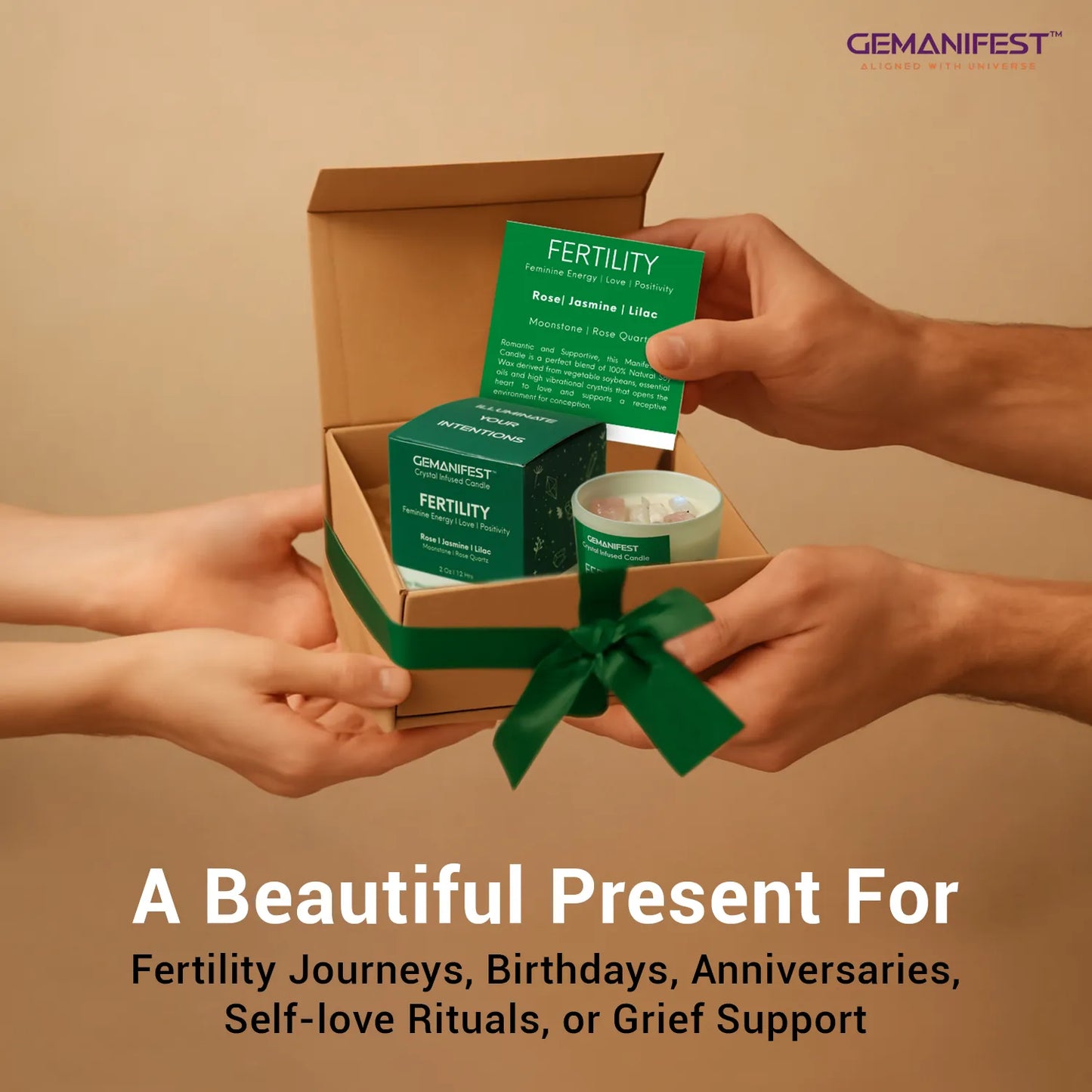 Green fertility manifestation candle gift set with box, candle, and affirmation card tied with ribbon.