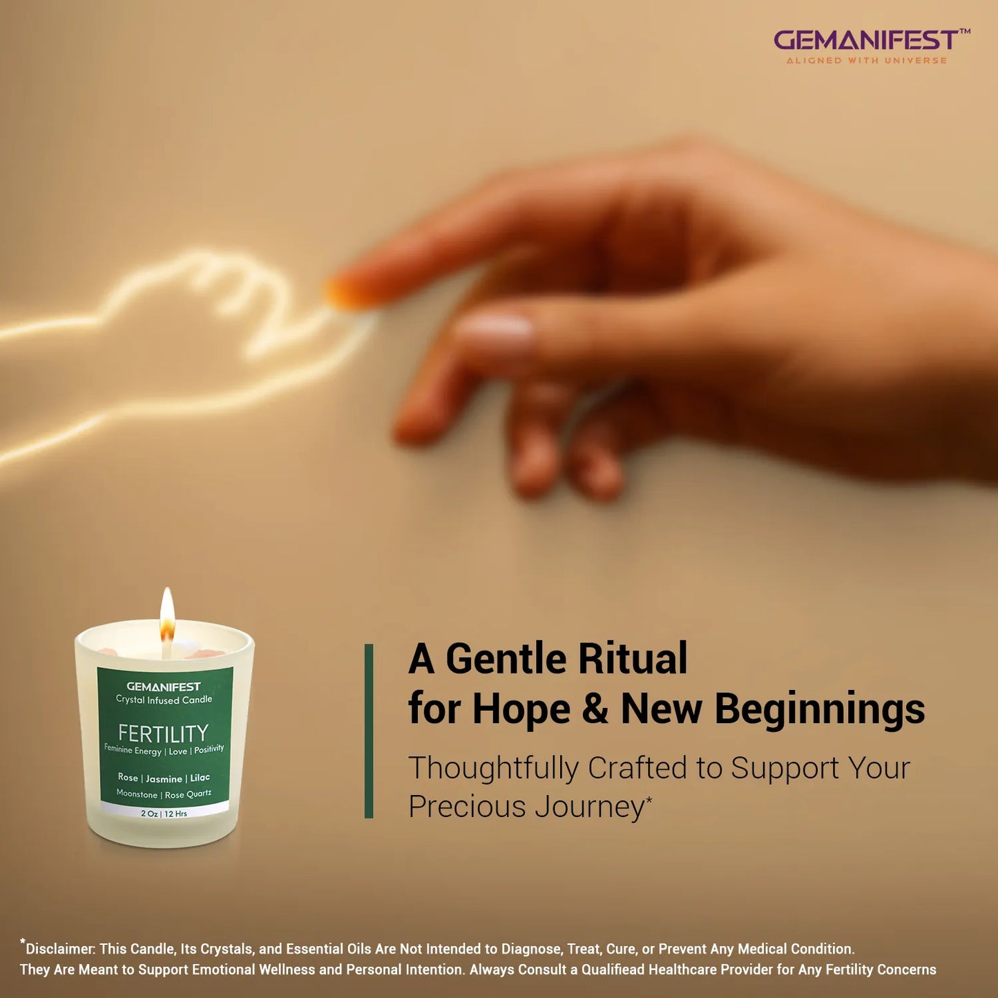 Hand reaching out to glowing baby outline beside lit fertility manifestation candle.