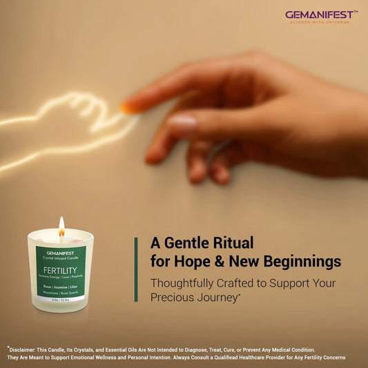 Studio image of Gemanifest fertility manifestation candle with gift box and crystals.