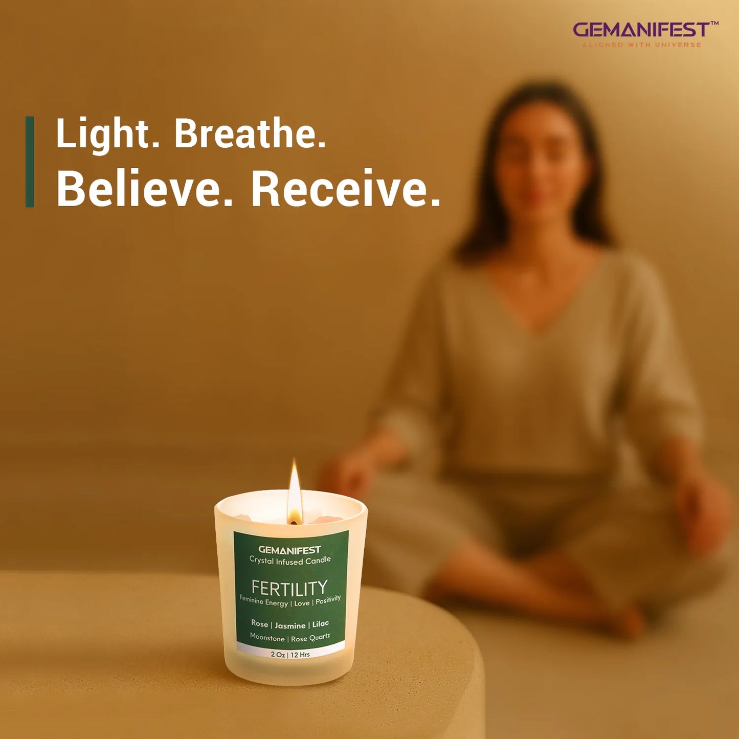Candle placed in focus with blurred woman meditating in background.