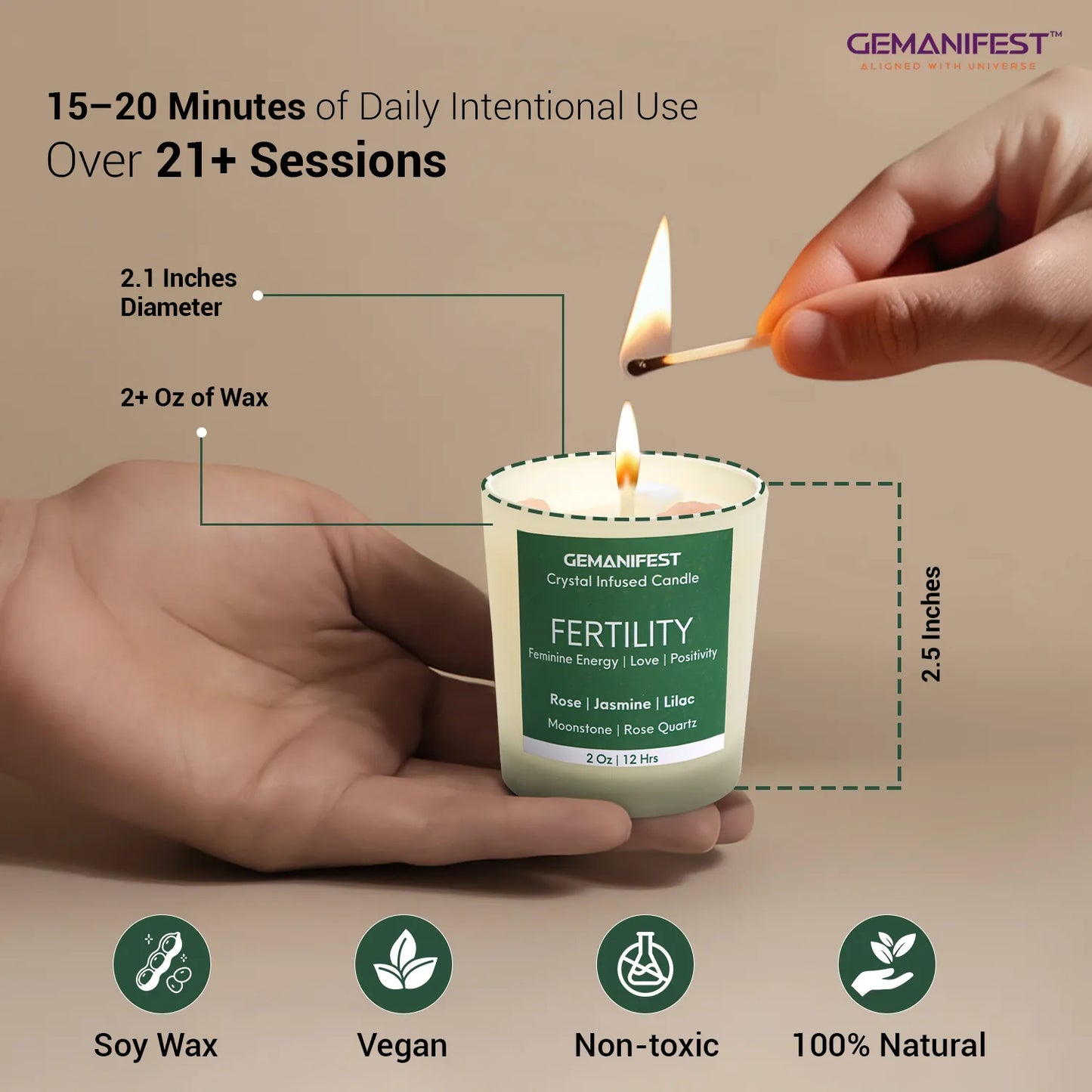 Hand holding fertility candle showing size (2.5 inches tall, 2.1 inches wide, 2 oz soy wax).