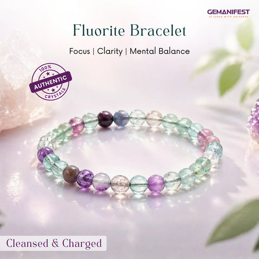 Fluorite bracelet with colored beads on a light background, featuring GEMANIFEST branding.