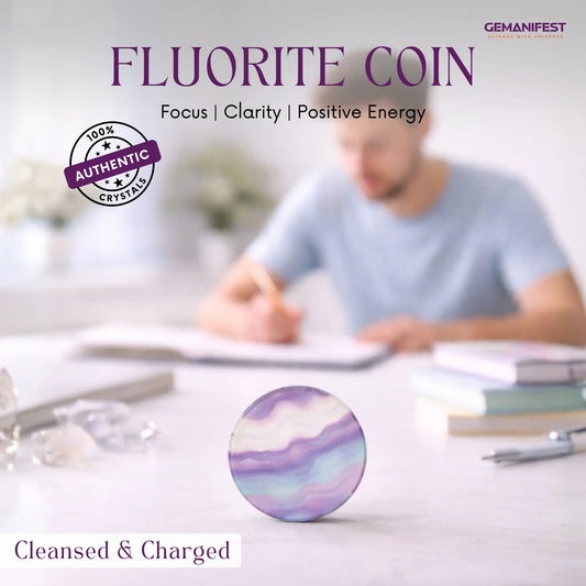 Fluorite coin with a person studying in the background, featuring GEMANIFEST branding.