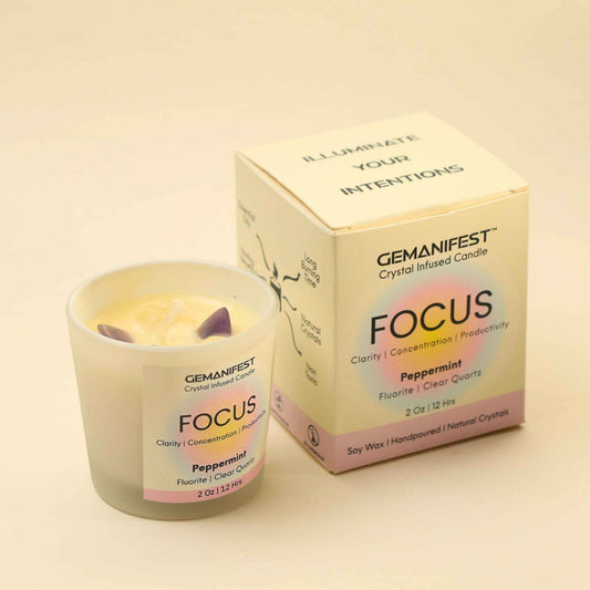 Focus Manifestation Candle with Fluorite and Clear Quartz Crystals for Mental Clarity, Focus, and Productivity.