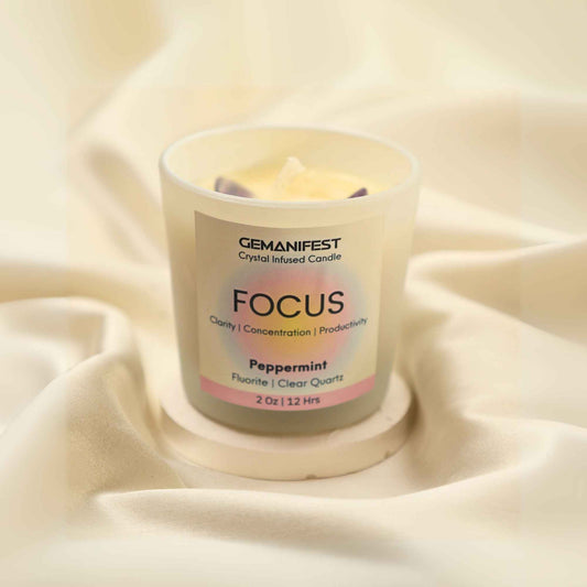 Focus Manifestation Candle with Fluorite and Clear Quartz Crystals for Mental Clarity, Focus, and Productivity.