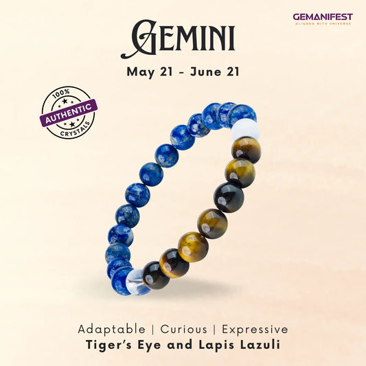 Beaded bracelet with Tiger's Eye and Lapis Lazuli on a beige background