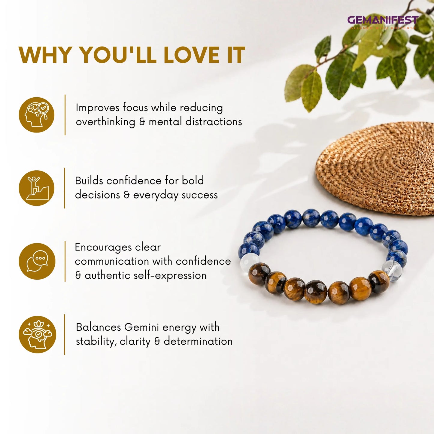 Gemini Zodiac Bracelet with Tiger’s Eye & Lapis for Clarity