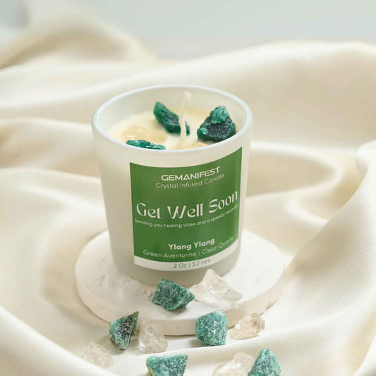 Get Well Soon Manifestation Candle with Green Aventurine and Clear Quartz crystals and Ylang Ylang essential oil for healing and emotional balance.
