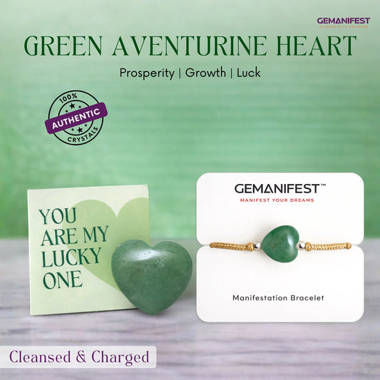 Green aventurine heart, card, and bracelet with Gemanifest branding on a green background.