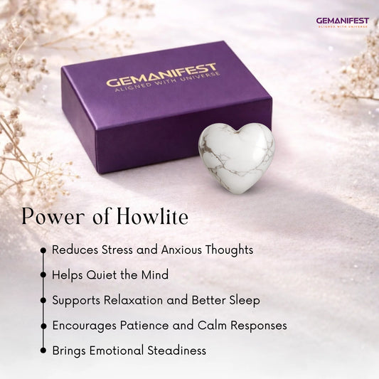 Gemanifest Howlite Heart crystal bracelet with packaging and card on a gray background