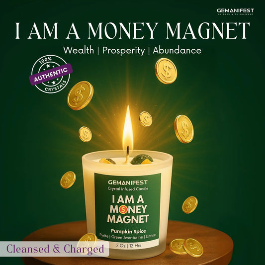 Gemanifest 'I Am a Money Magnet' candle with gold coins on a green background