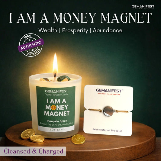 Gemanifest 'I Am a Money Magnet' candle with gold coins on a green background
