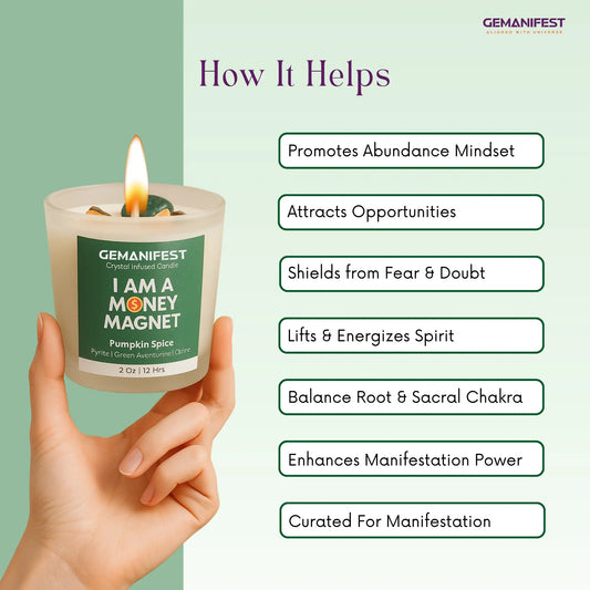 Gemanifest 'I Am a Money Magnet' candle with gold coins on a green background