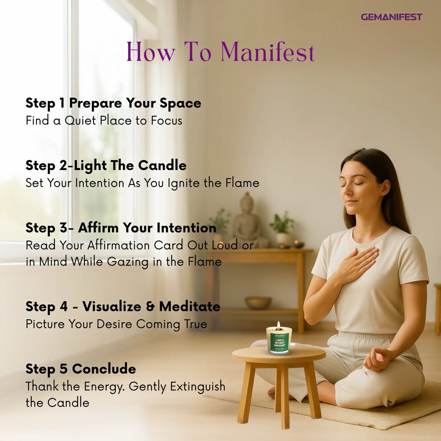 Woman meditating with i'm a money magnet candle in a peaceful room, accompanied by steps on how to manifest.