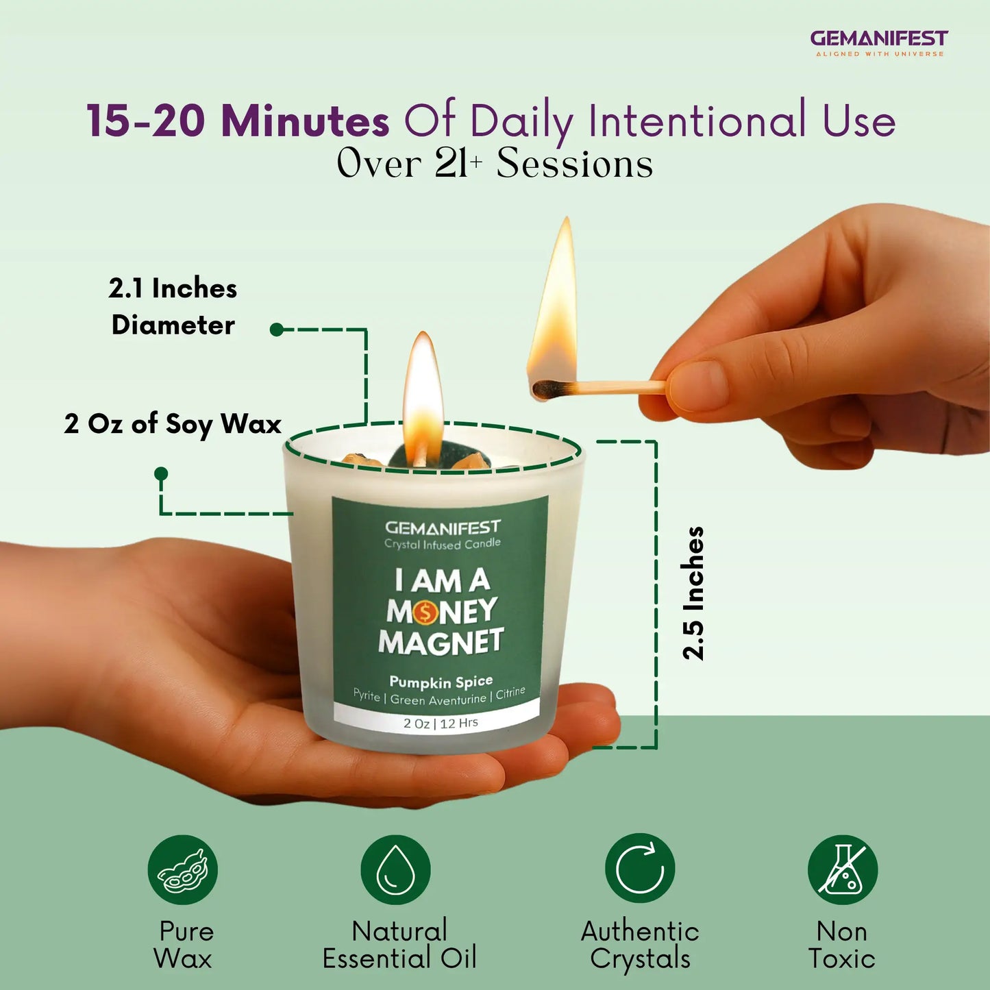 Candle with 'I AM A MONEY MAGNET' text being lit, held by a hand, with specification on a green background.