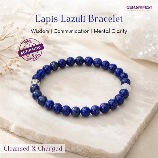 Lapis Lazuli bracelet on a white stone surface with GEMANIFEST branding.