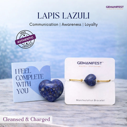 Lapis Lazuli heart-shaped bracelet on a display card with 'GEMANIFEST' branding, against a blurred natural background.