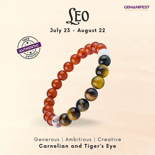 Beaded bracelet with Carnelian and Tiger's Eye on a beige background, featuring the Leo zodiac sign details
