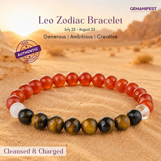 Beaded bracelet with Carnelian and Tiger's Eye on a beige background, featuring the Leo zodiac sign details