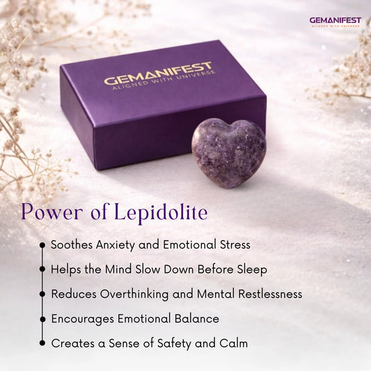 Gemanifest Lepidolite Heart bracelet with card and crystal on a light background