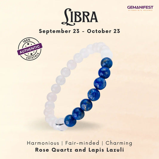 Libra bracelet with rose quartz and lapis lazuli beads on a beige background