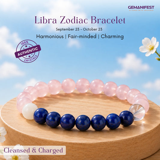 Libra bracelet with rose quartz and lapis lazuli beads on a beige background