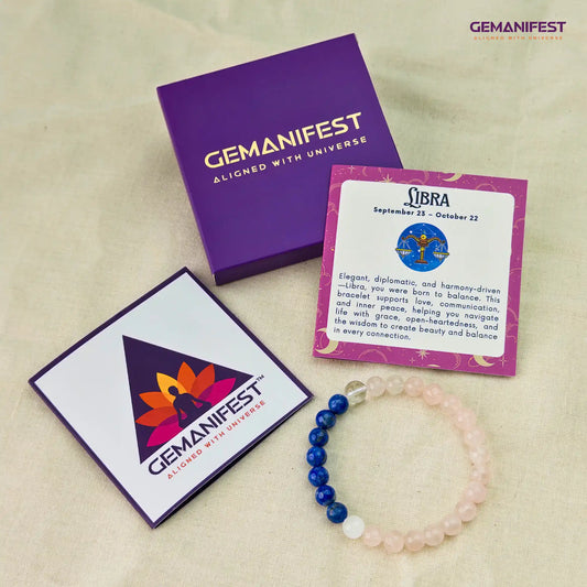 Libra bracelet with rose quartz and lapis lazuli beads on a beige background