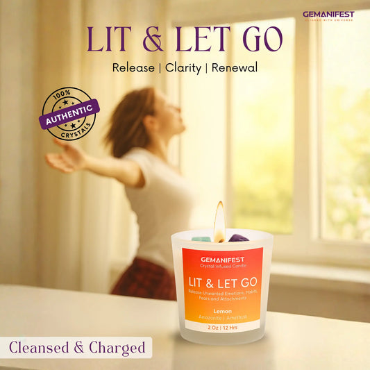 GEMANIFEST 'Lit & Let Go' candle with a blurred person in the background