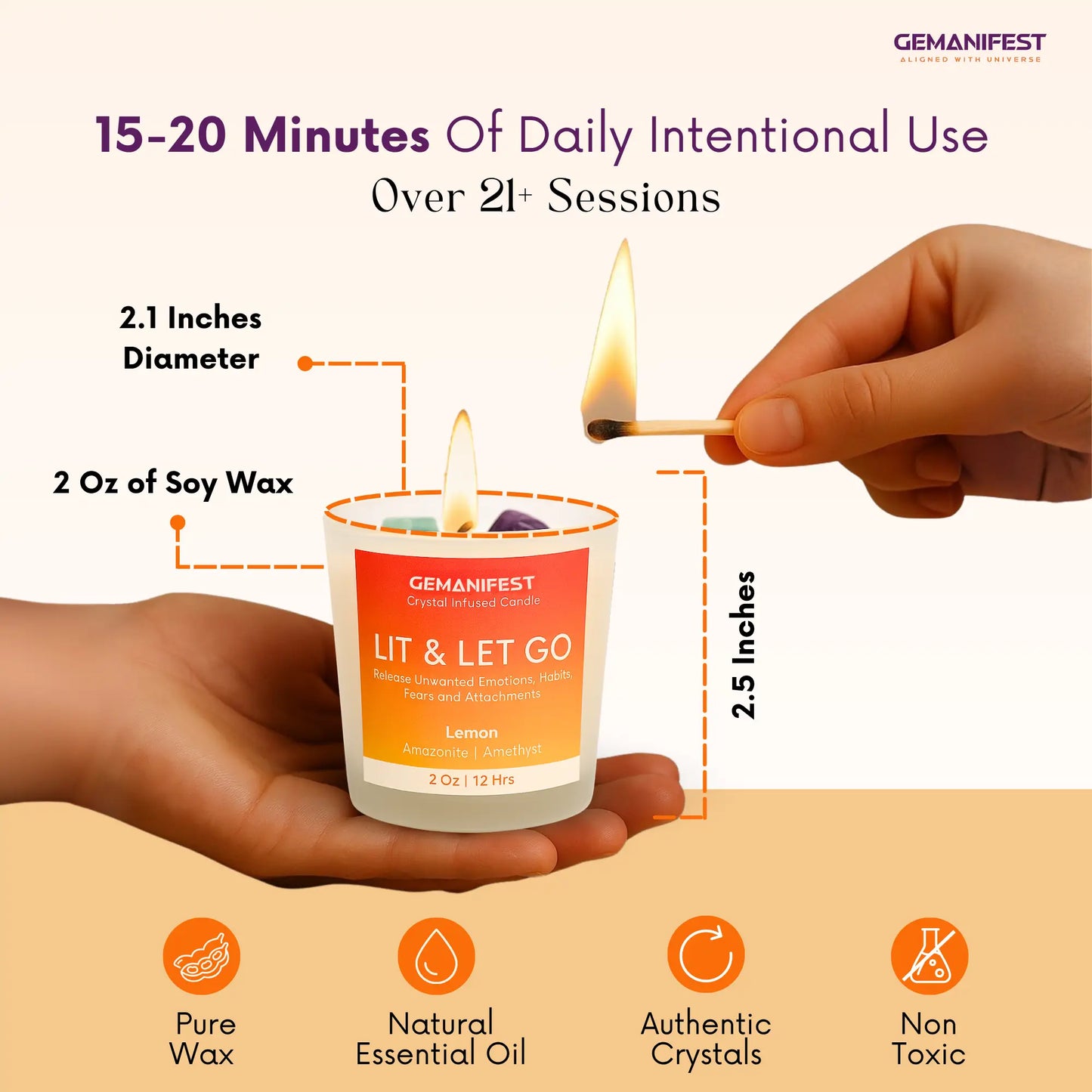 GEMANIFEST candle with dimensions and features on a beige background