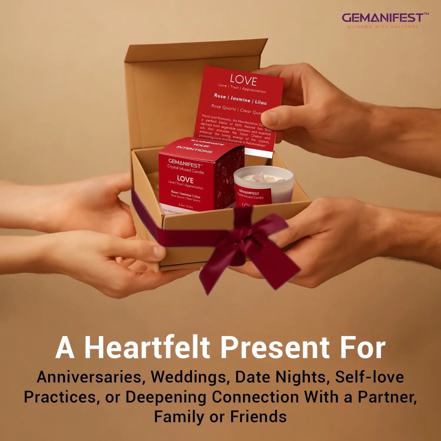 Love candle gift box with affirmation card being exchanged as present.