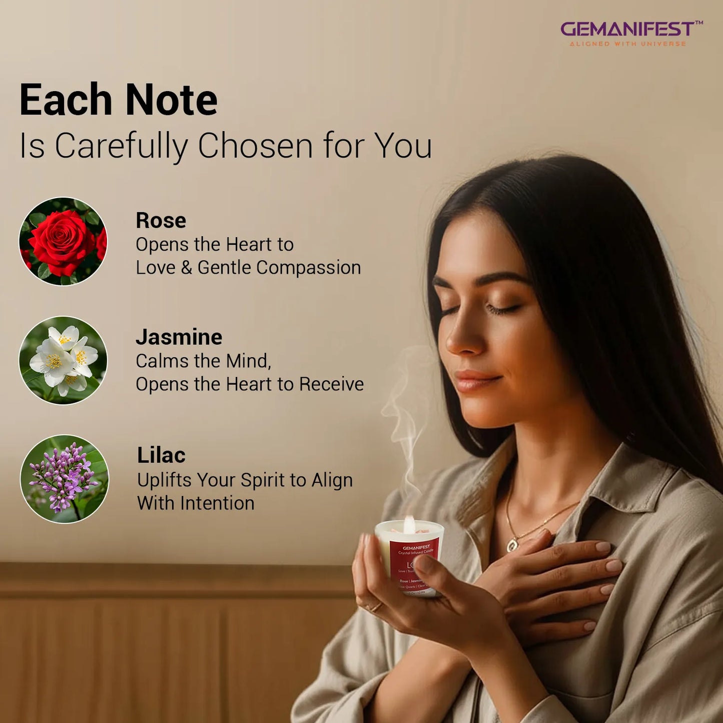 Woman holding Love candle with Rose, Jasmine, and Lilac notes.