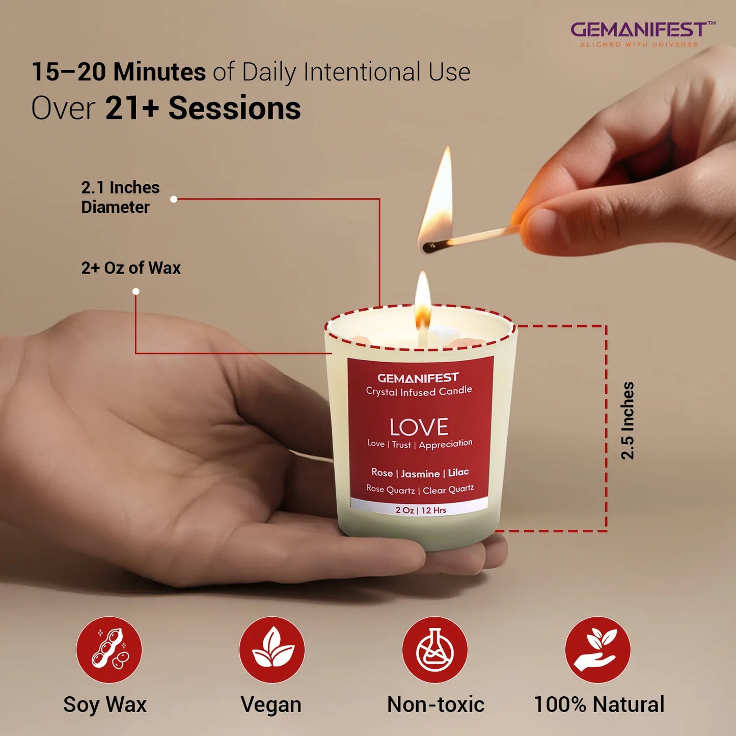 Love crystal infused candle with size, soy wax, vegan, and natural use.