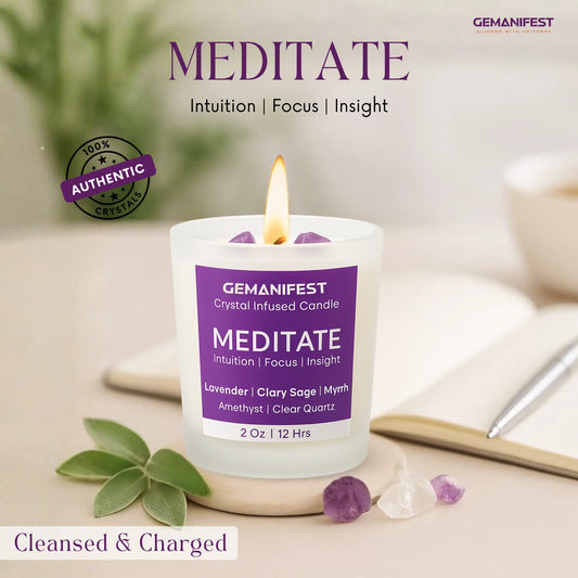 Gemanifest crystal infused Meditate candle on a neutral background.