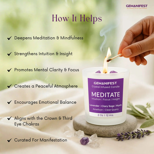 Gemanifest crystal infused Meditate candle on a neutral background.