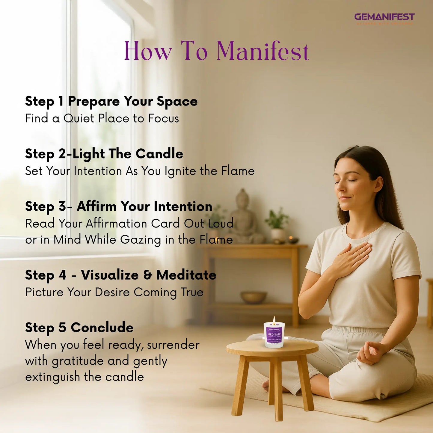 Woman meditating with a Meditate candle and affirmation card in a peaceful room, accompanied by steps on how to manifest.