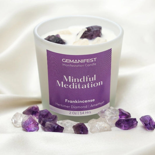 Mindful Meditation Candle with Amethyst and Herkimer Diamond crystals and Frankincense essential oil for meditation and spiritual clarity.