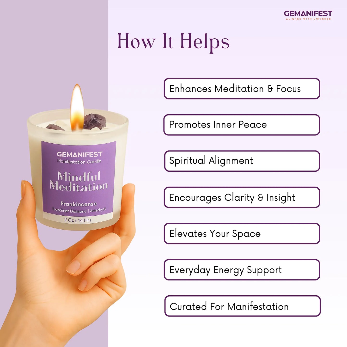 GEMANIFEST candle labeled 'Mindful Meditation' held by a hand with benefits listed on a purple background