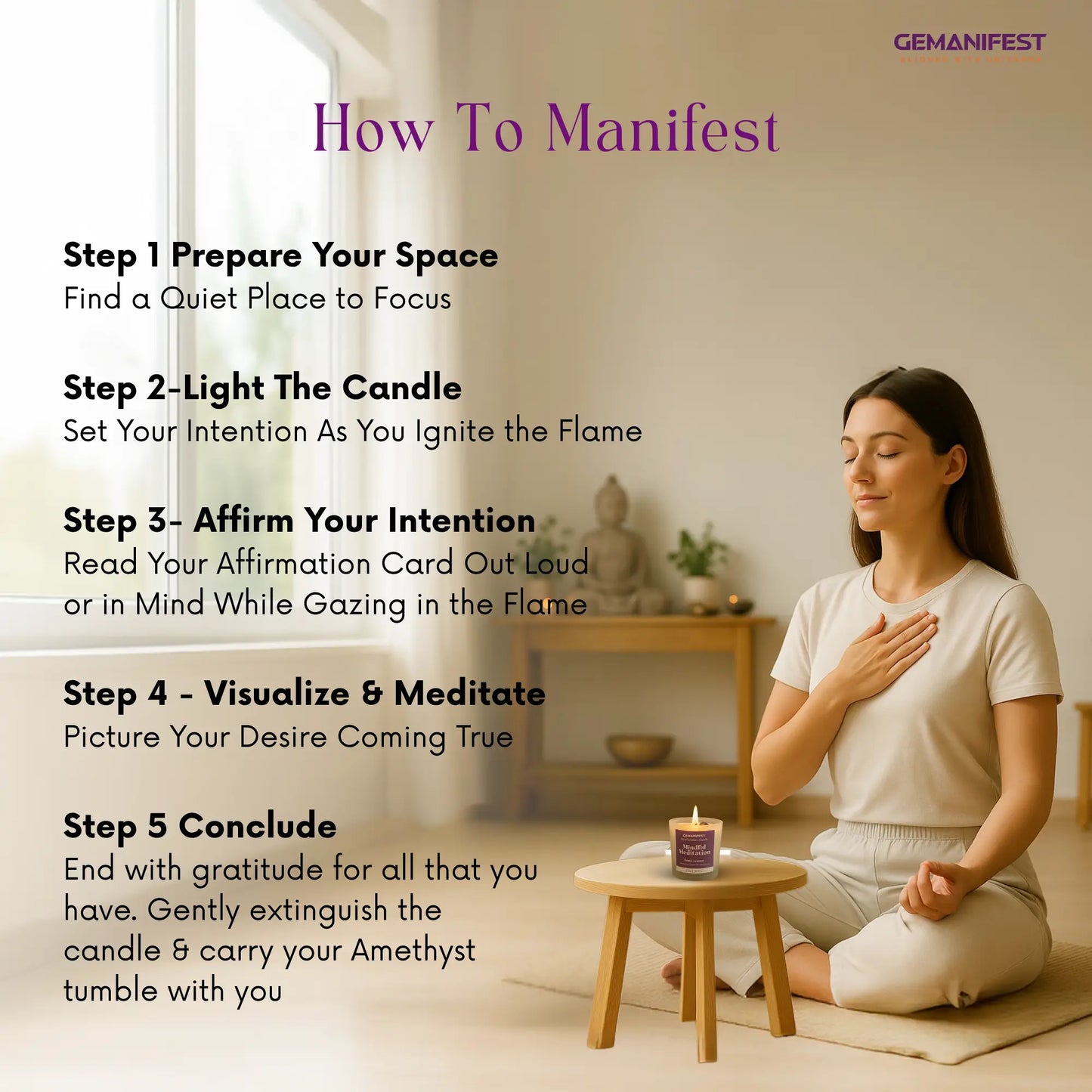 Woman meditating with a Mindful meditation candle and affirmation card in a peaceful room, accompanied by steps on how to manifest.