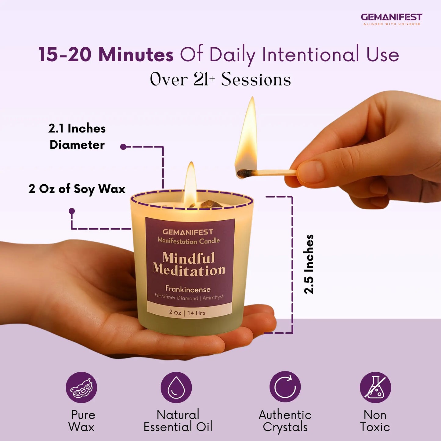 Gemanifest Mindful Meditation candle being lit with product details on a purple background