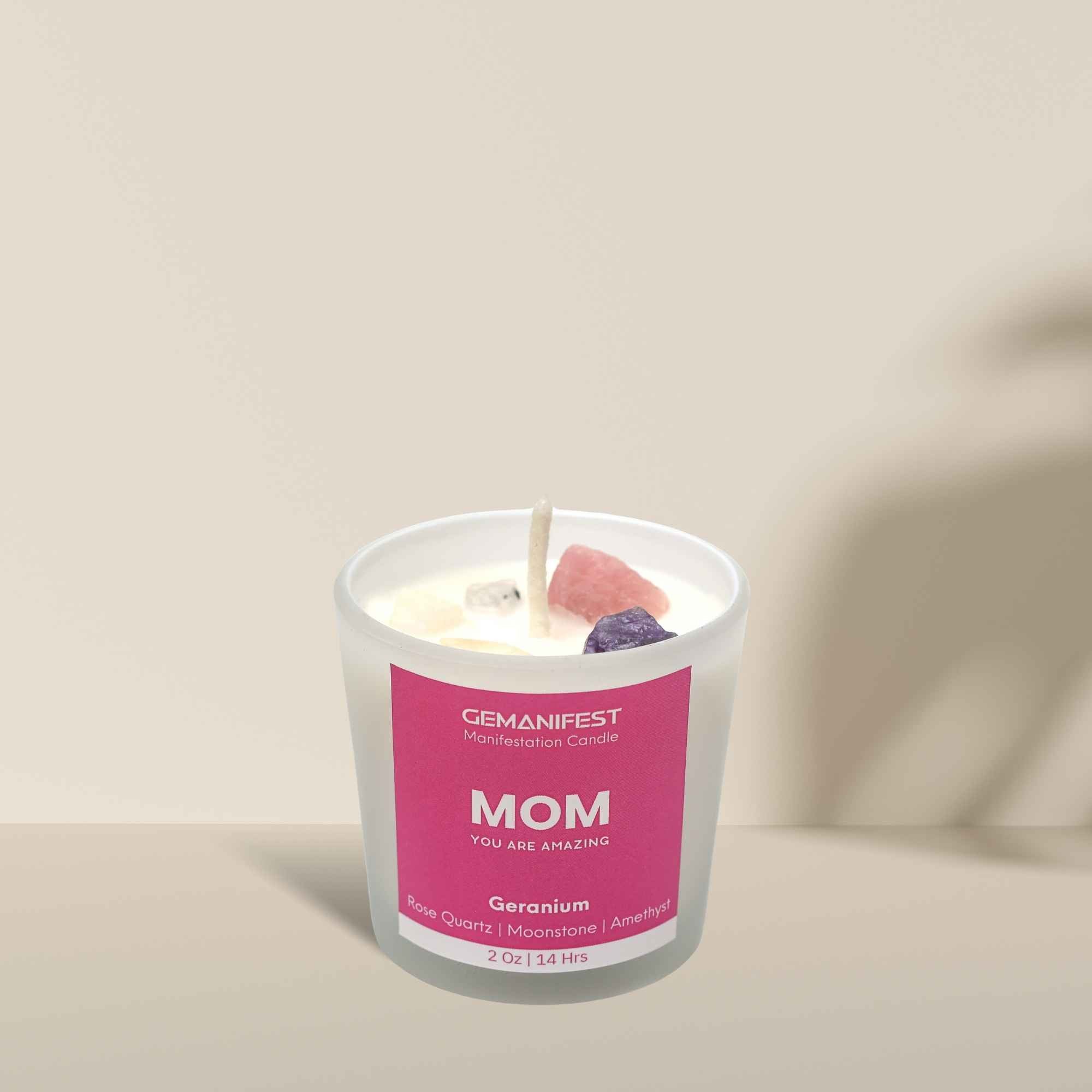 “Mom – You Are Amazing” Candle with Amethyst, Moonstone, Rose Quartz crystals and Geranium essential oil.