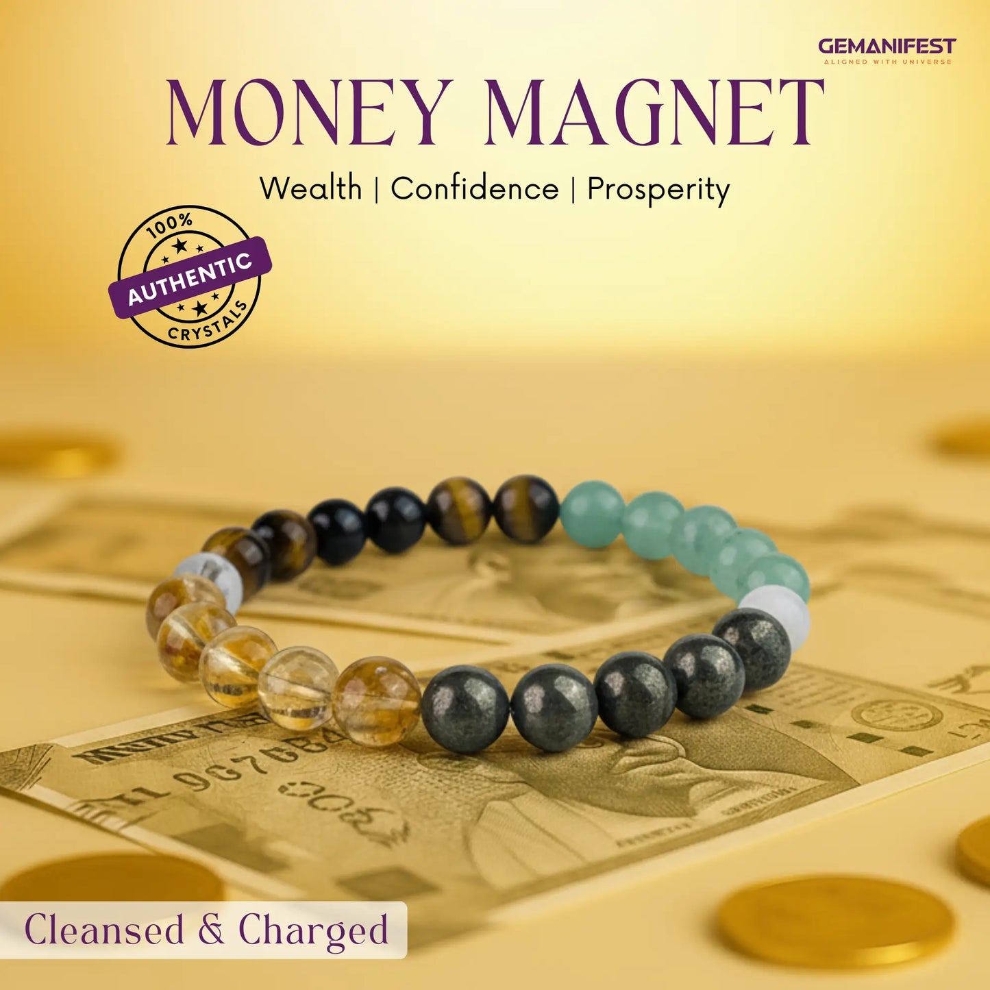 Money Magnet Bracelet with stones on a background of money and coins, featuring the brand 'GEMANIFEST'.