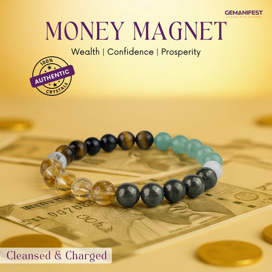 Money Magnet Bracelet with stones on a background of money and coins, featuring the brand 'GEMANIFEST'.