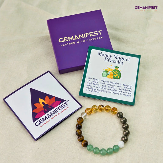 Money Magnet Bracelet with stones on a background of money and coins, featuring the brand 'GEMANIFEST'.