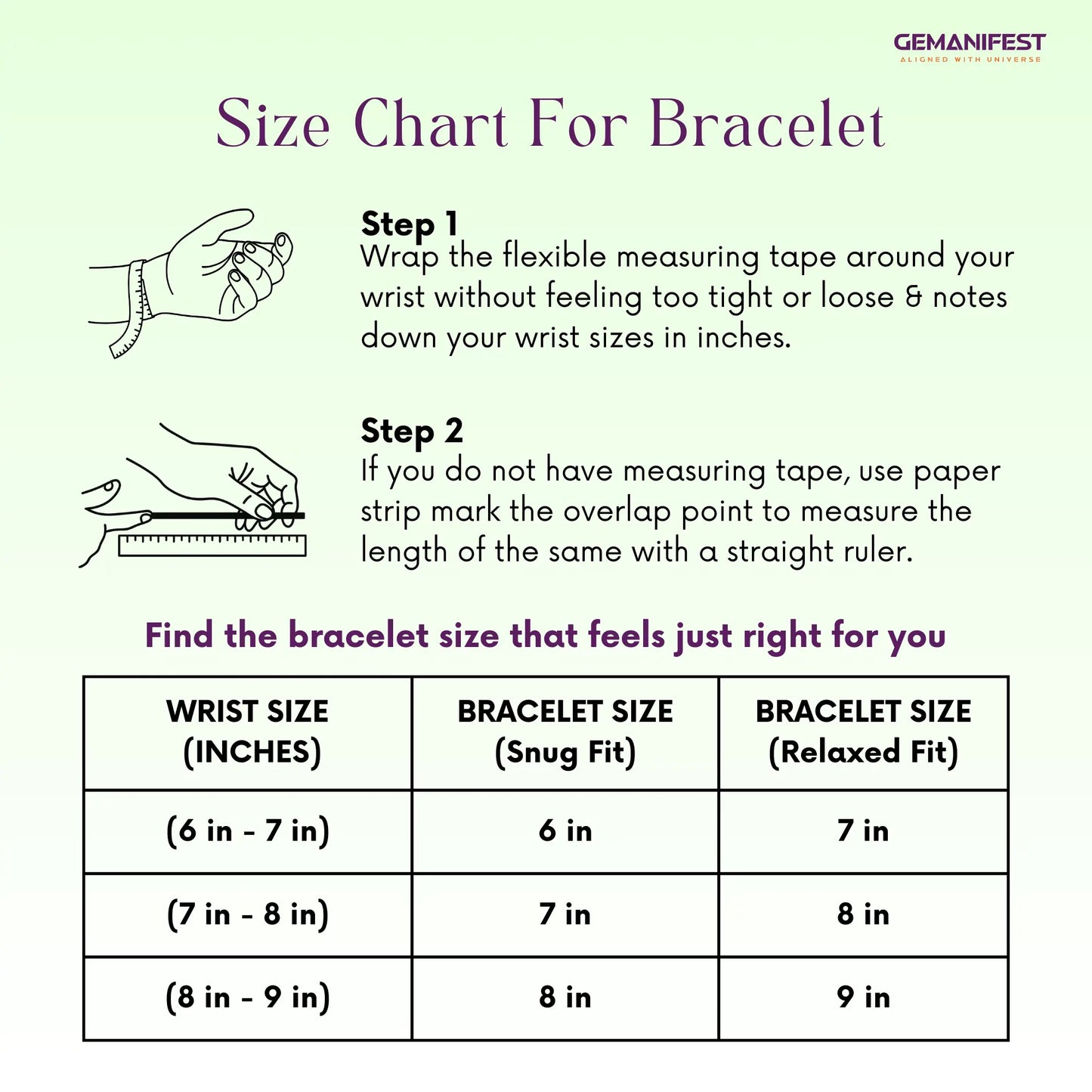 Size chart for bracelet with instructions on measuring wrist size and corresponding bracelet sizes.