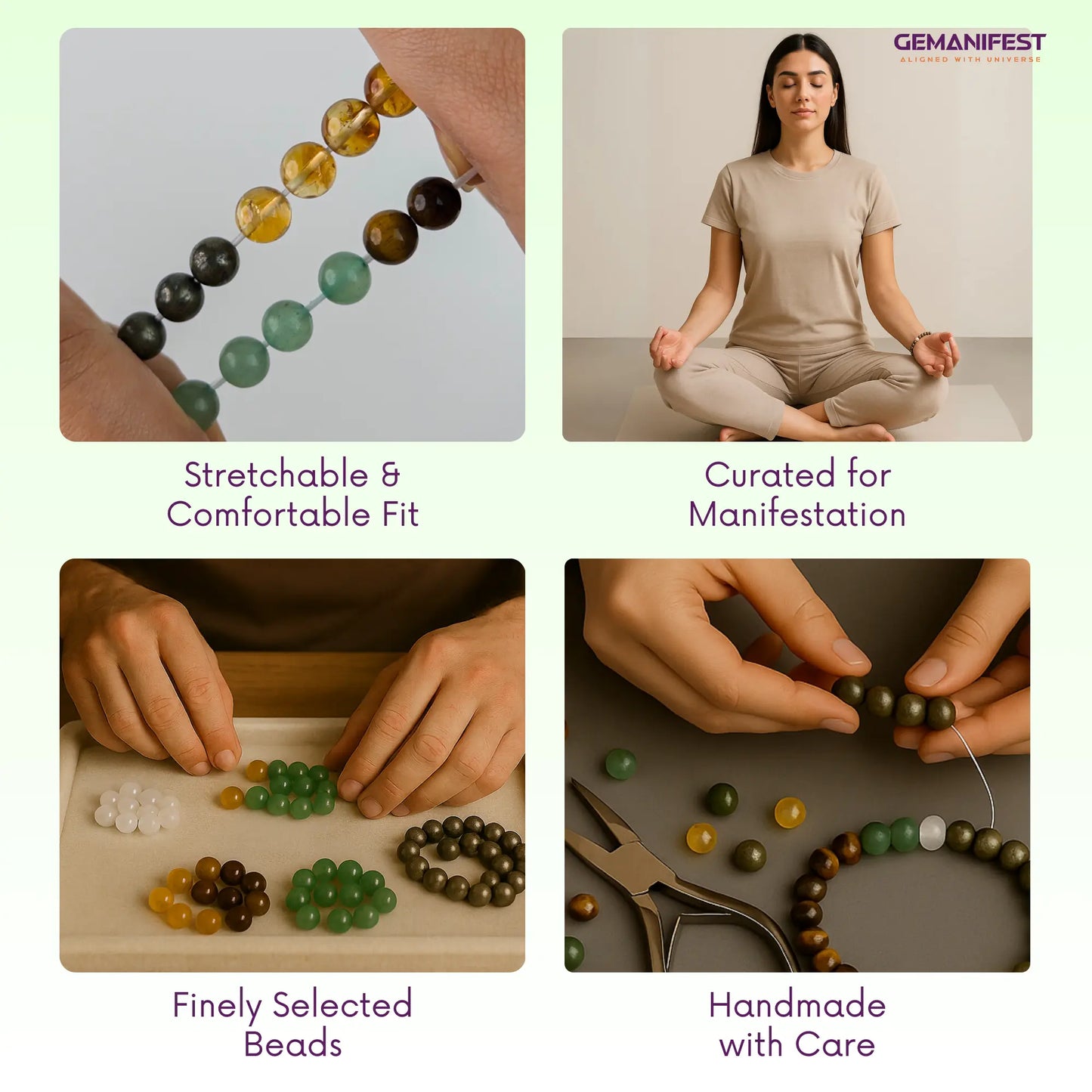Woman meditating with steps on how to manifest a goal, featuring GEMANIFEST branding.