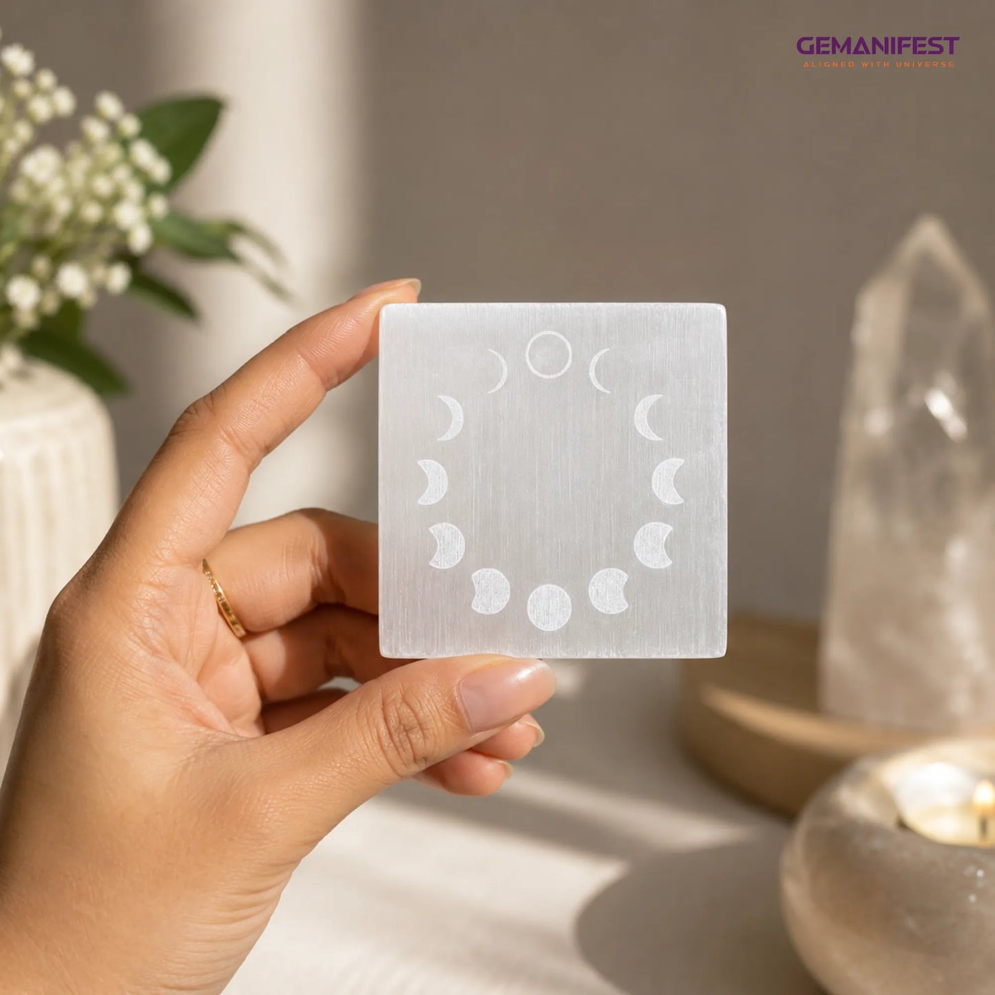 Moon Phases Selenite Charging Plate for Renewal & Daily Reflection