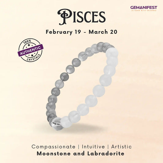 Pisces zodiac bracelet with moonstone and labradorite beads on a beige background